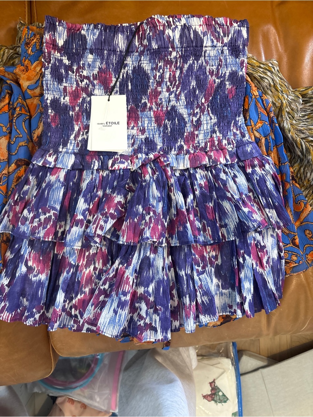 Isabel Marant Smocked Tiered Ikat Mini Skirt in Purple and Pink